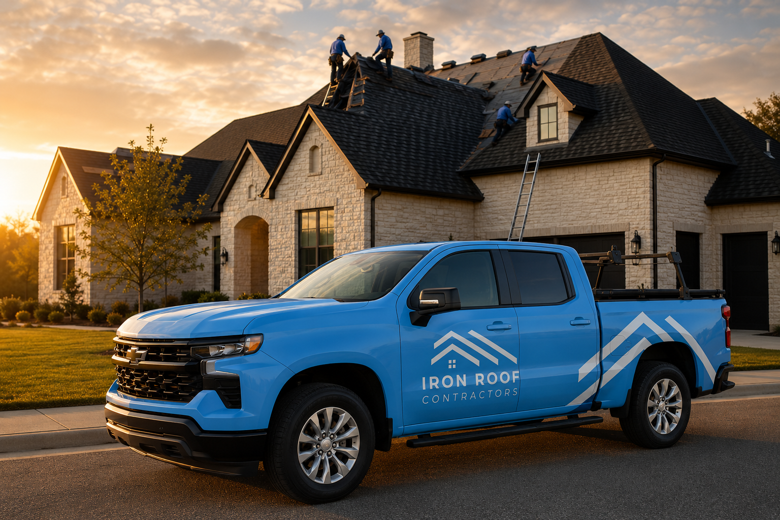 Iron Roof Co branded truck parked in front of a Brazos Valley home while a crew installs a new roof at golden hour
