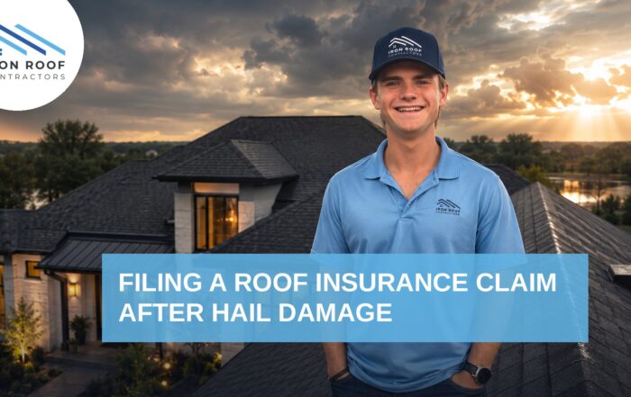 Iron Roof Contractors team member on a roof under a storm sky in Bryan-College Station, with title: Filing a Roof Insurance Claim After Hail Damage
