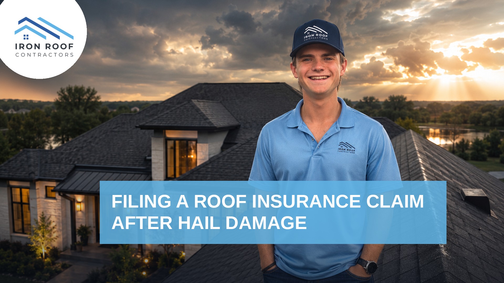 Iron Roof Contractors team member on a roof under a storm sky in Bryan-College Station, with title: Filing a Roof Insurance Claim After Hail Damage