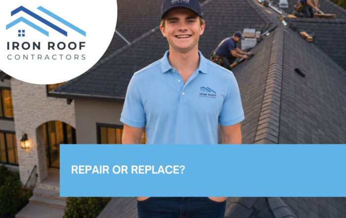 Blog hero image with the title of "Roof Repair or Replacement? How to Tell in College Station" with a picture of Iron Roof Co crew member inspecting damaged shingles up close on a College Station home