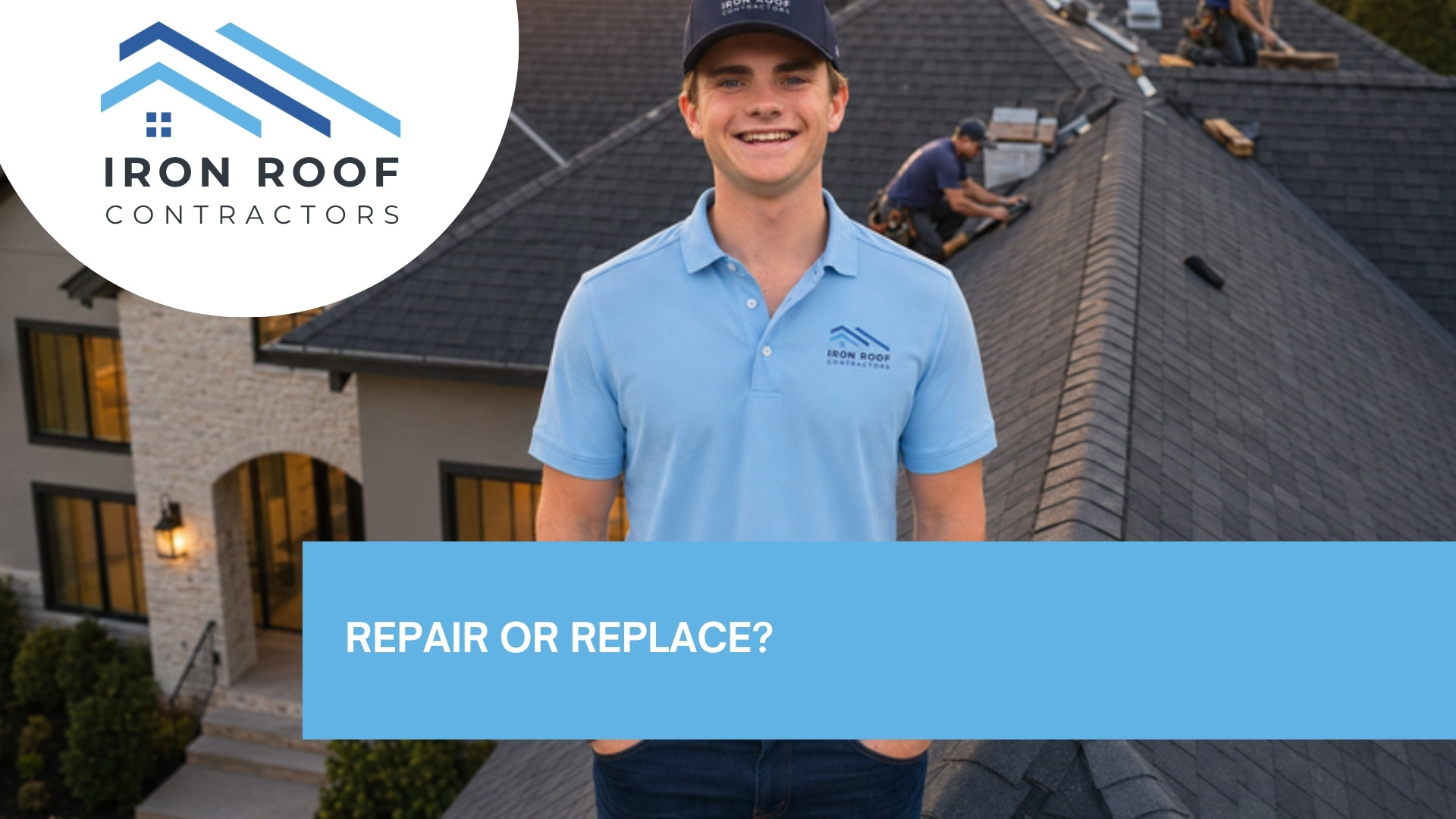 Blog hero image with the title of "Roof Repair or Replacement? How to Tell in College Station" with a picture of Iron Roof Co crew member inspecting damaged shingles up close on a College Station home