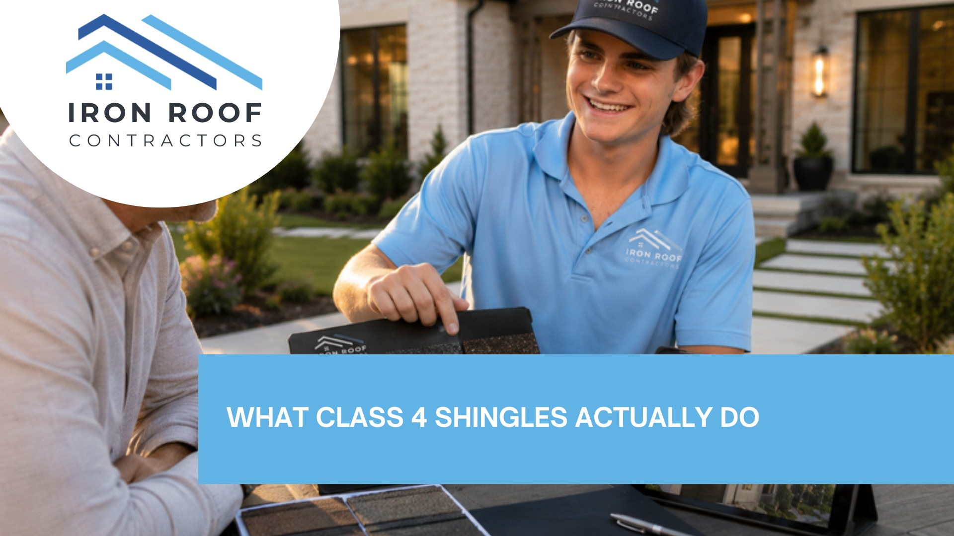 Blog hero image with the title of "What Class 4 Impact-Resistant Shingles Do for Your Insurance" with a picture of Kenneth Hunter going over shingle samples with a homeowner outside their house