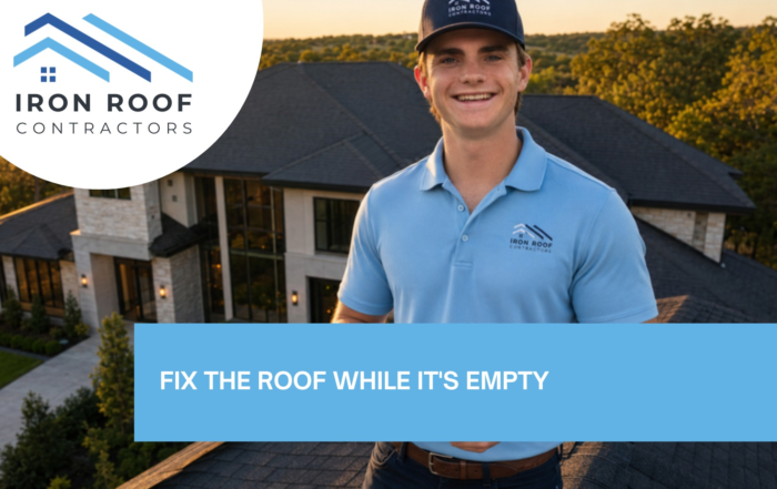 Blog hero image with the title of "College Station Rental Roof Prep Before Lease Turnover" with a picture of Iron Roof Co owner holding a drone controller on the roof of a College Station rental home during the empty turnover window