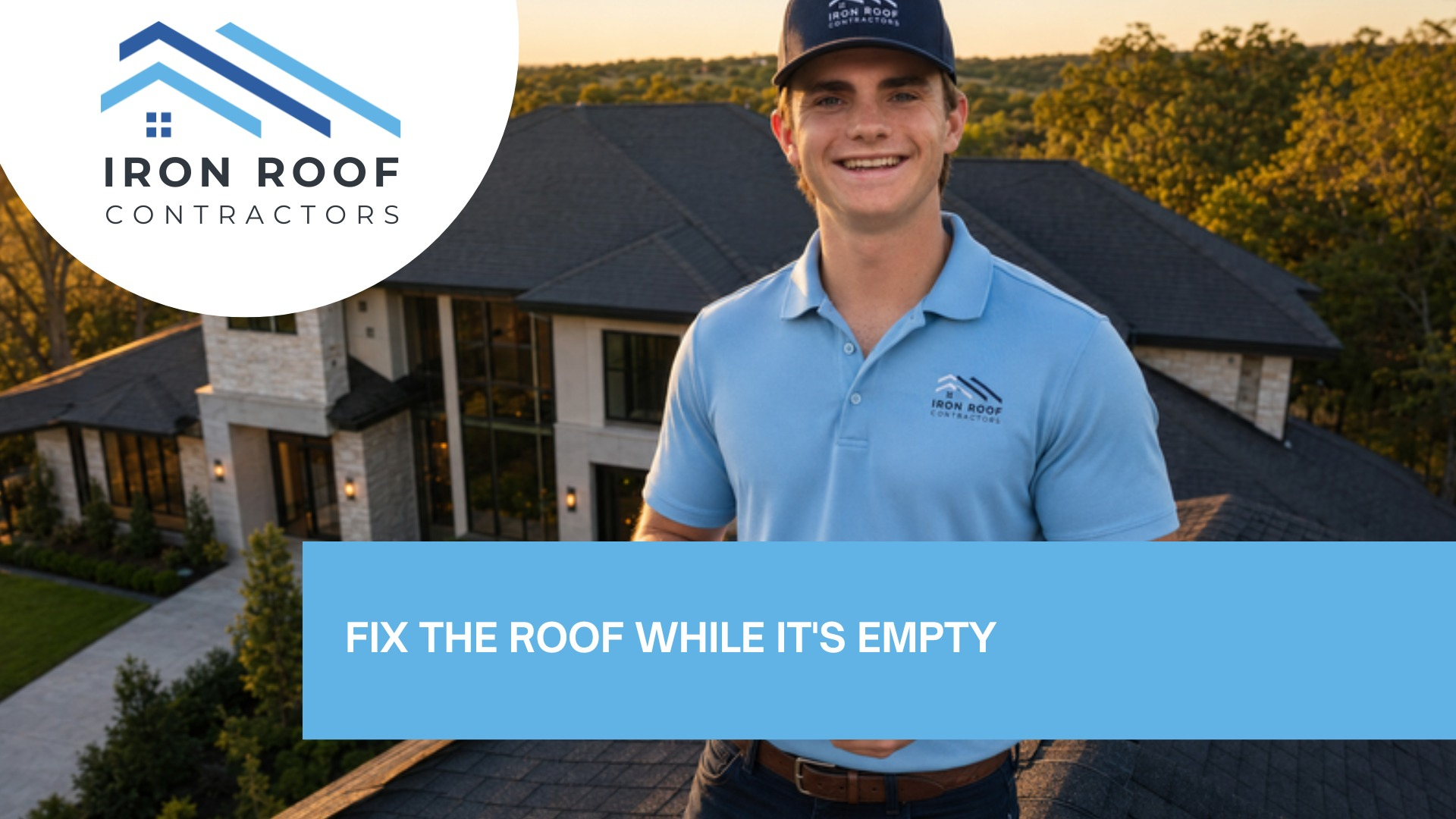 Blog hero image with the title of "College Station Rental Roof Prep Before Lease Turnover" with a picture of Iron Roof Co owner holding a drone controller on the roof of a College Station rental home during the empty turnover window