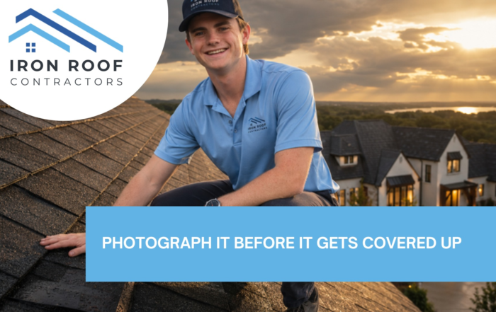 Blog hero image with the title of "Navasota Storm Damage Roofing: Rural Brazos Valley Roofs" with a picture of Kenneth Hunter crouched on a shingle roof inspecting the shingles by hand at sunset, with a large Brazos Valley home behind him