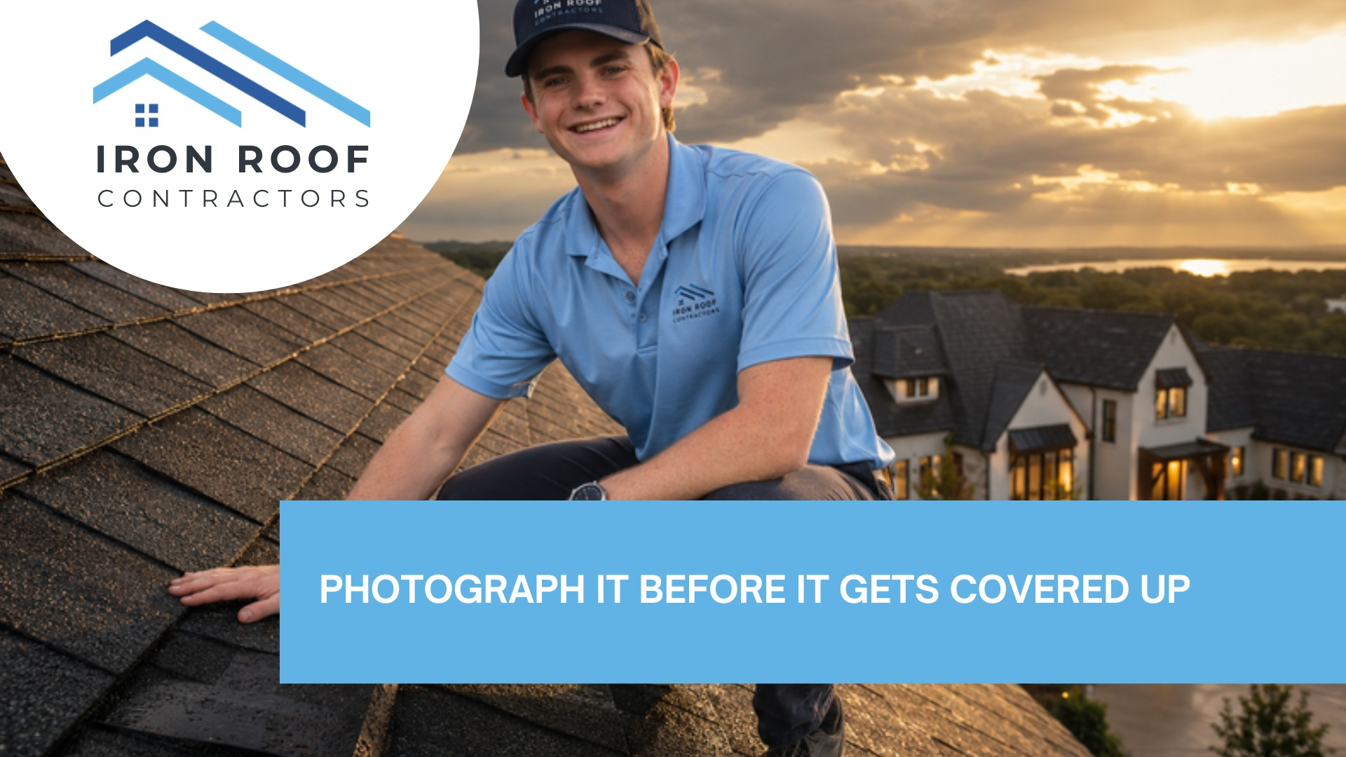 Blog hero image with the title of "Navasota Storm Damage Roofing: Rural Brazos Valley Roofs" with a picture of Kenneth Hunter crouched on a shingle roof inspecting the shingles by hand at sunset, with a large Brazos Valley home behind him