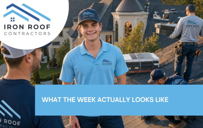 Blog hero image with the title of "What to Expect During a Roof Replacement, Day by Day" with a picture of Kenneth Hunter with the Iron Roof Co crew on a Brazos Valley roof replacement job site