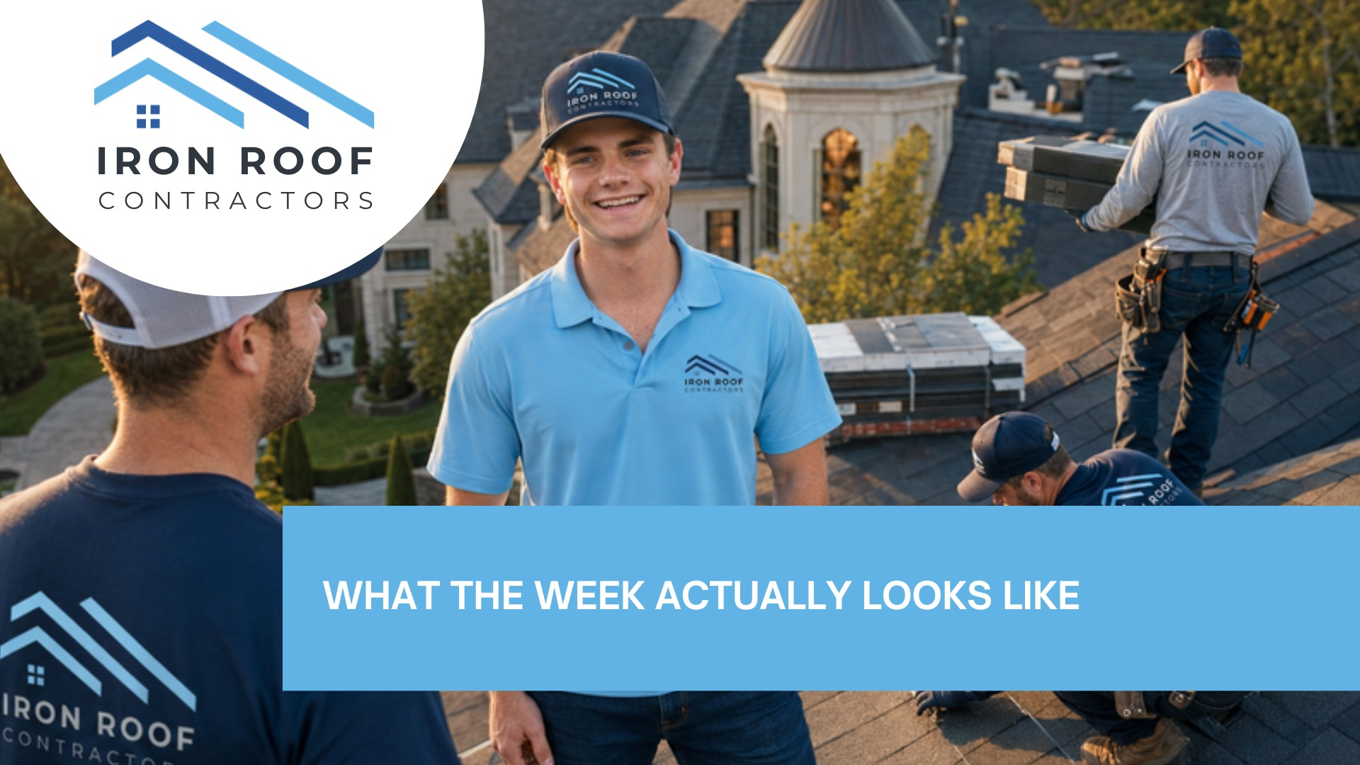 Blog hero image with the title of "What to Expect During a Roof Replacement, Day by Day" with a picture of Kenneth Hunter with the Iron Roof Co crew on a Brazos Valley roof replacement job site