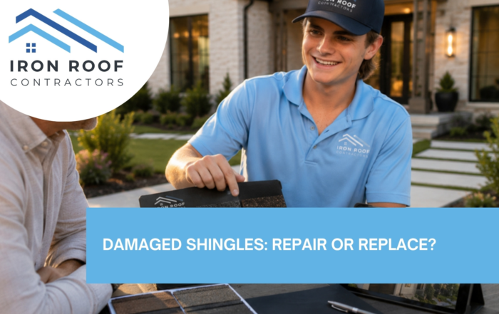 An Iron Roof Co owner showing shingle sample boards to a homeowner at an outdoor table